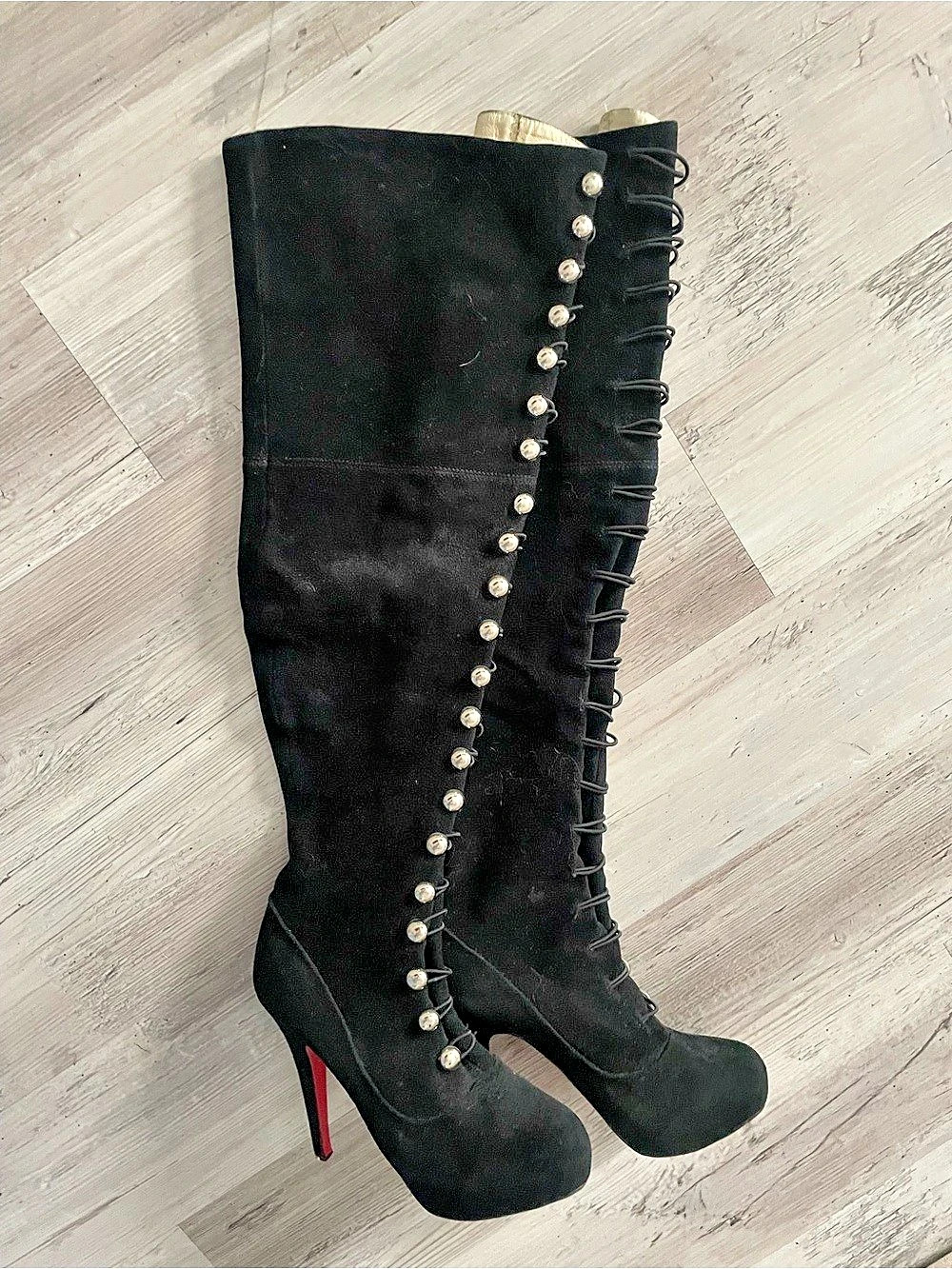 Christian Louboutin Vatican Button Up Suede Heel Boots Black